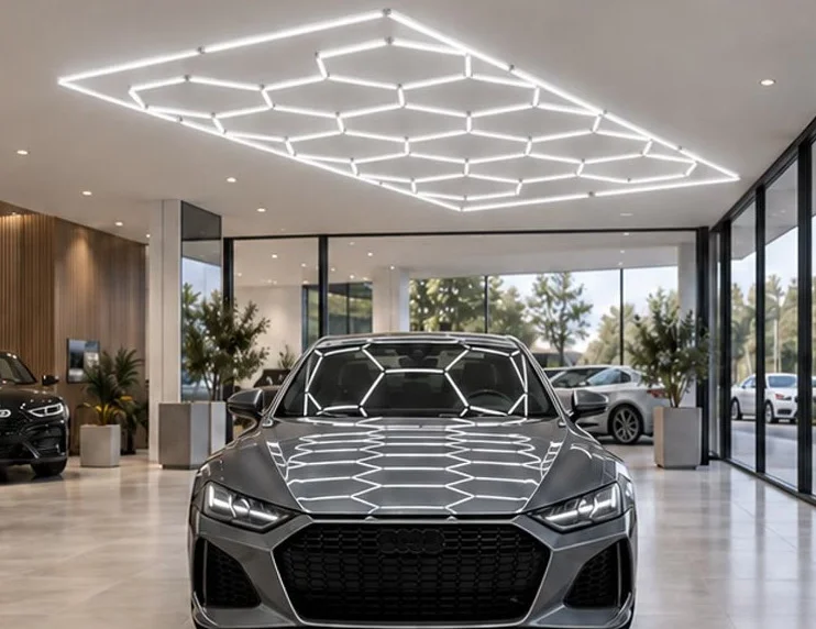 Hexagon-Lichtfeld über einem Auto im Showroom eines Autohauses