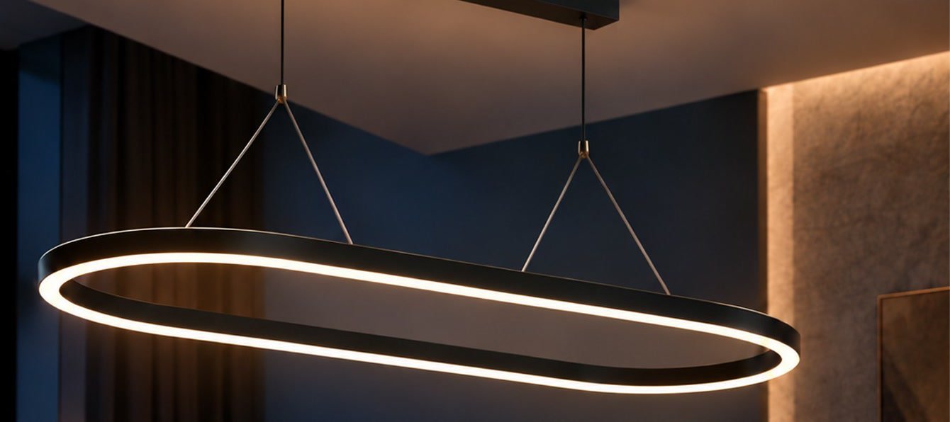 OVALIS am Abend: ovale LED-Pendelleuchte in Schwarz, leuchtet warmweiß