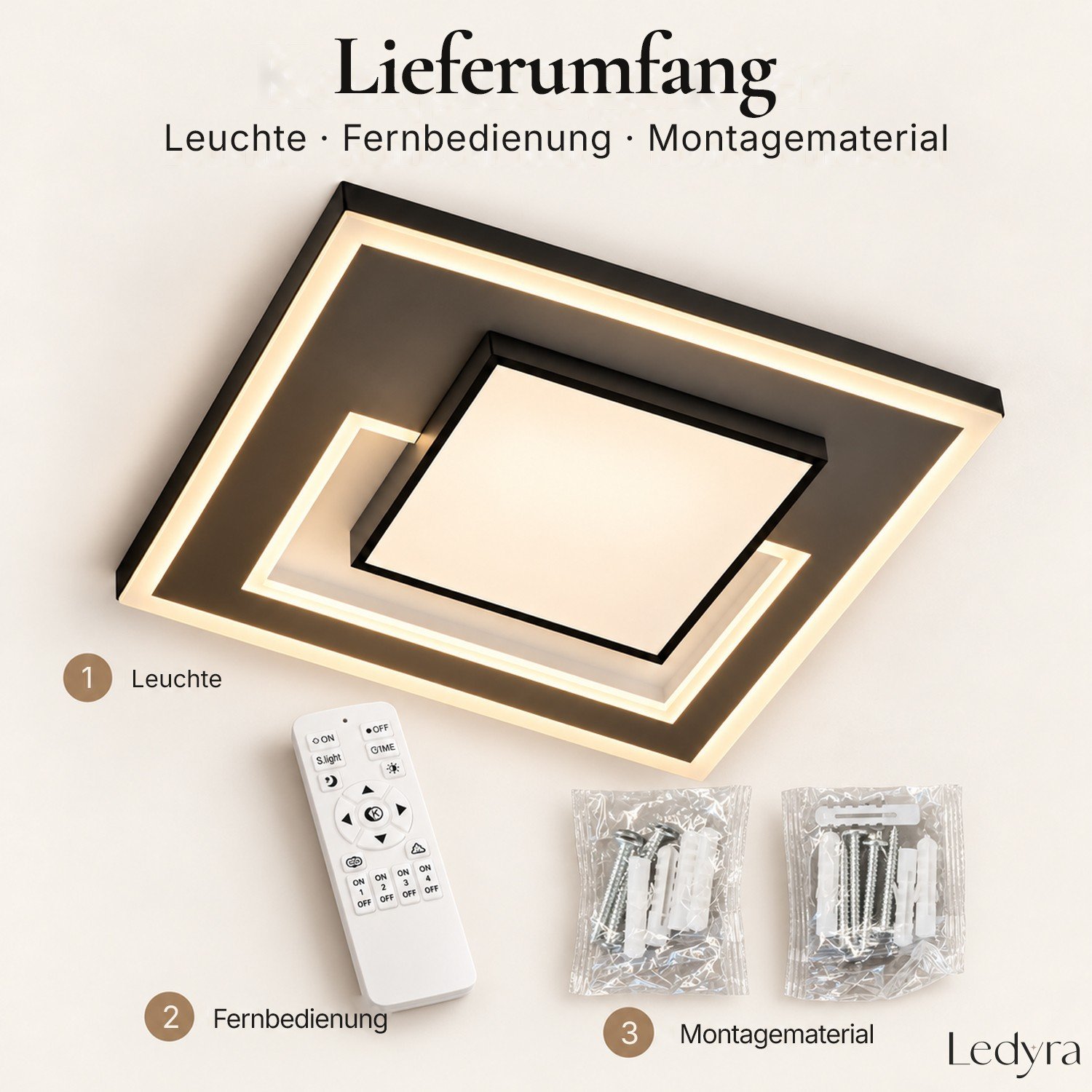 Lieferumfang von QUADRA: Leuchte, Fernbedienung und Montagematerial