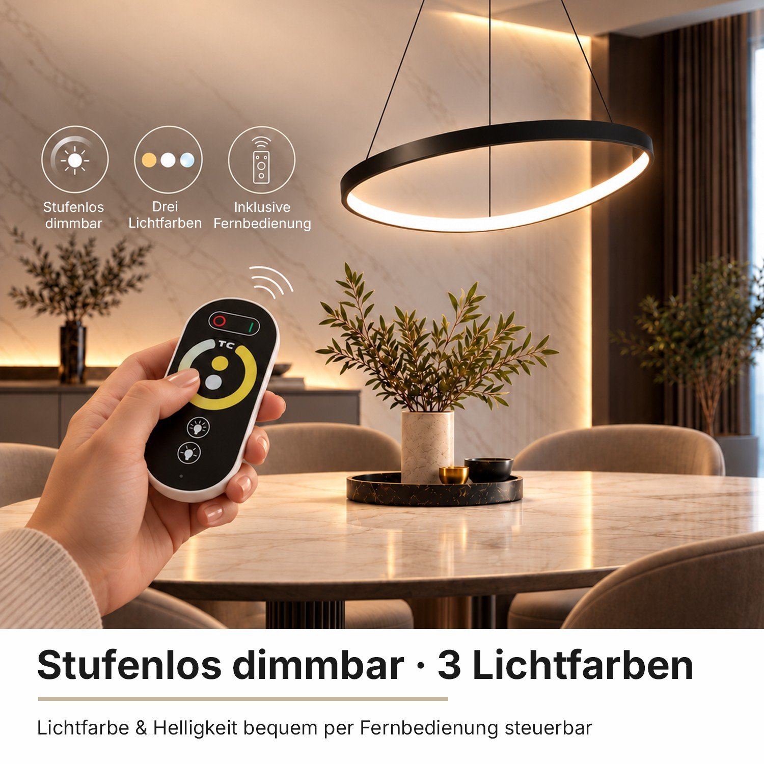 ONORIA mit Fernbedienung zum Dimmen und für die Lichtfarbe