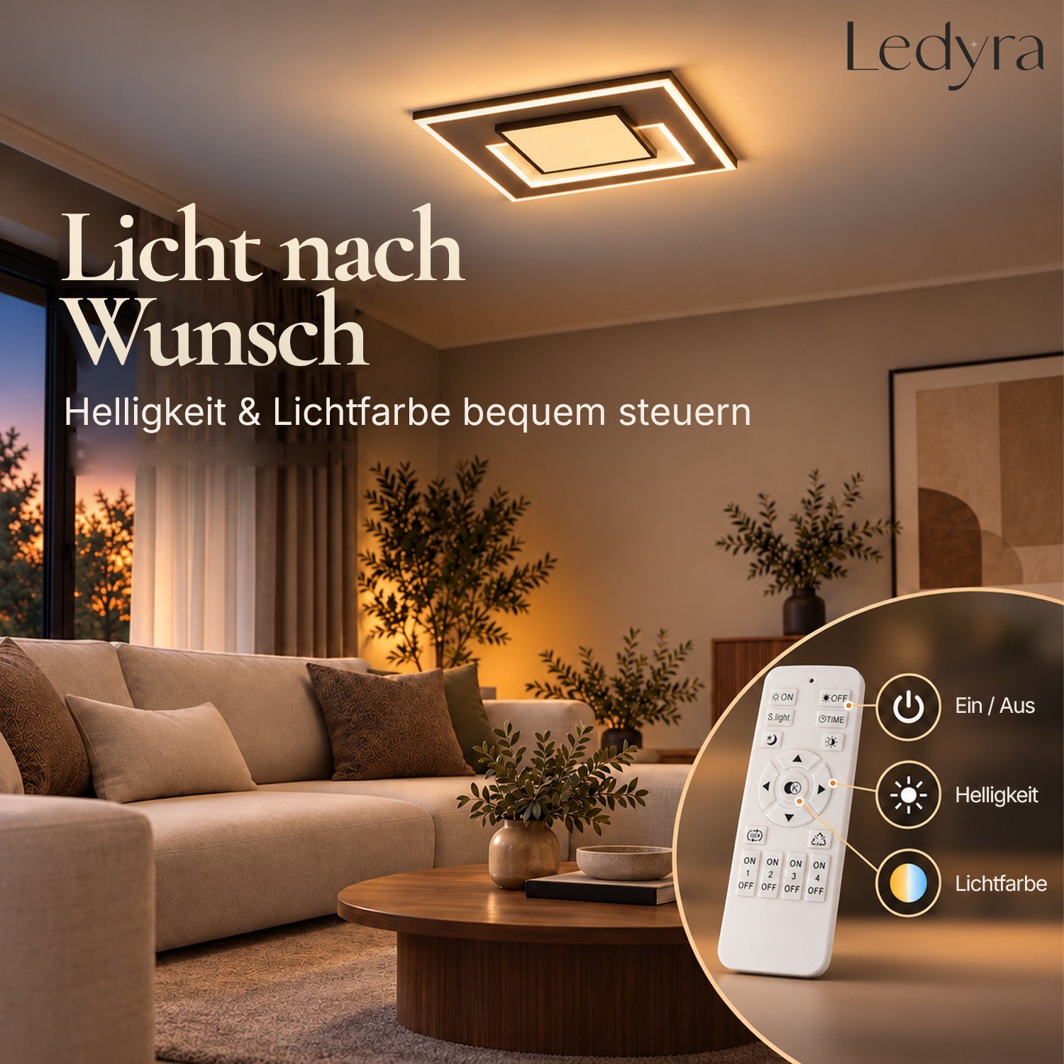 QUADRA im Wohnzimmer mit Fernbedienung für Helligkeit und Lichtfarbe