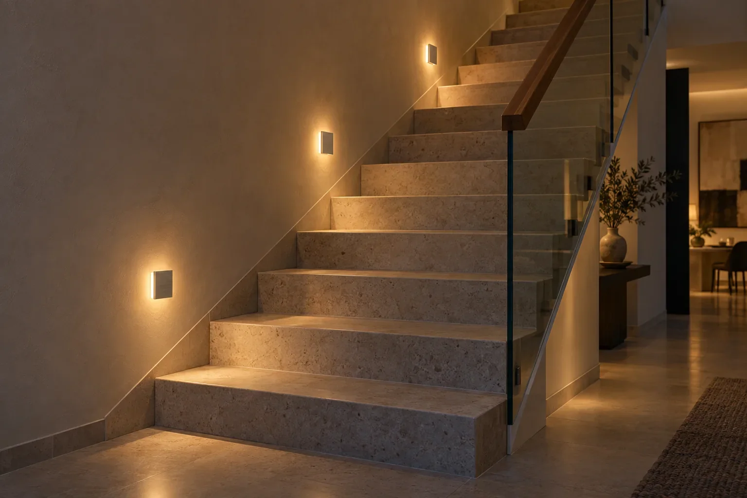 Architekturvisualisierung einer Natursteintreppe mit warmem Treppenlicht