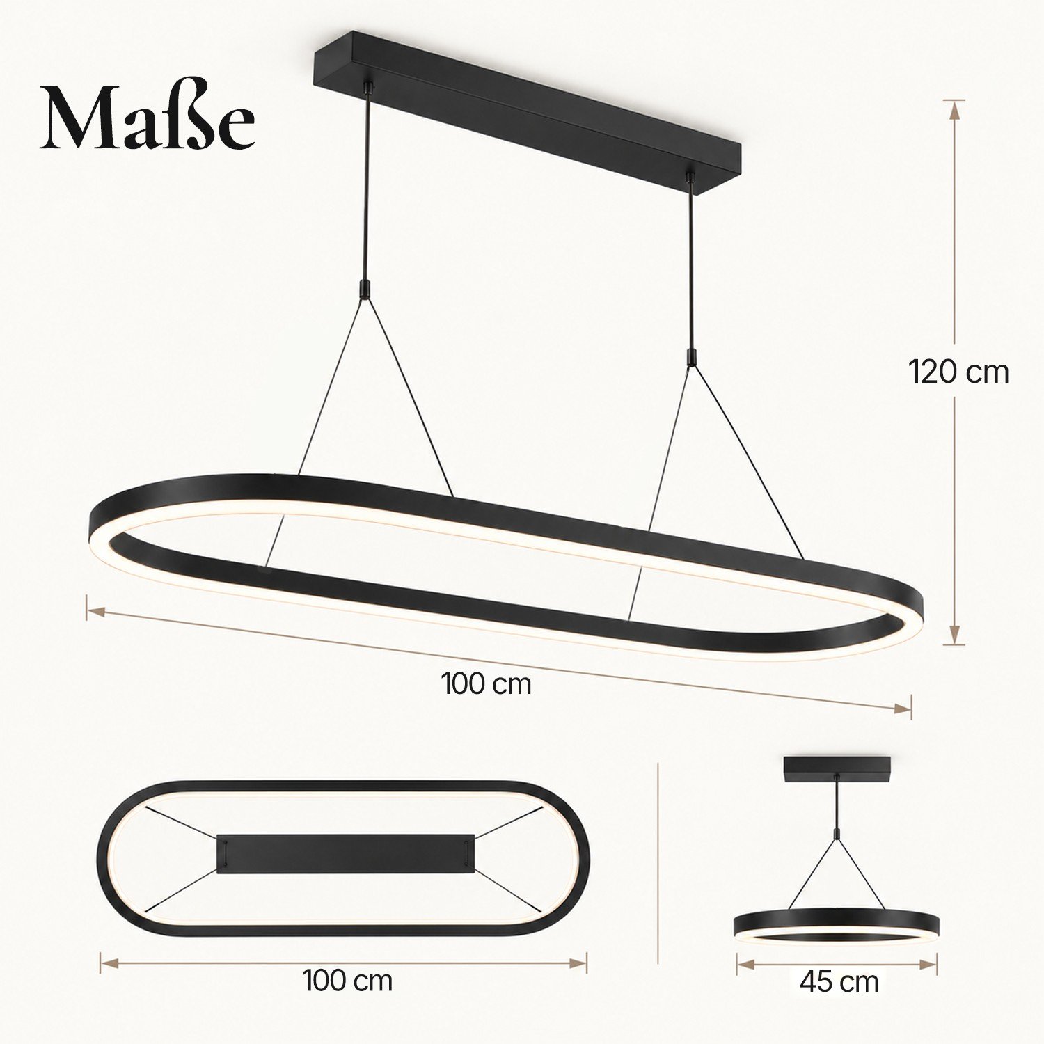 Ledyra Ovalis – LED-Pendelleuchte oval – Schwarz matt – 100 cm – dimmbar, Lichtfarbe einstellbar – Technische Zeichnung