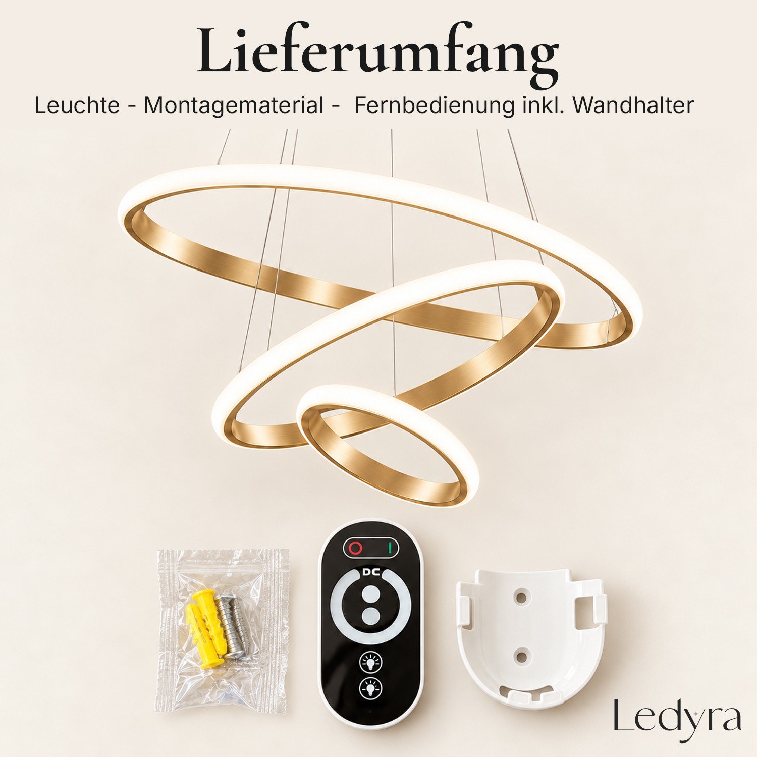 Lieferumfang von TRIVANA: Leuchte, Montagematerial, Fernbedienung mit Wandhalter