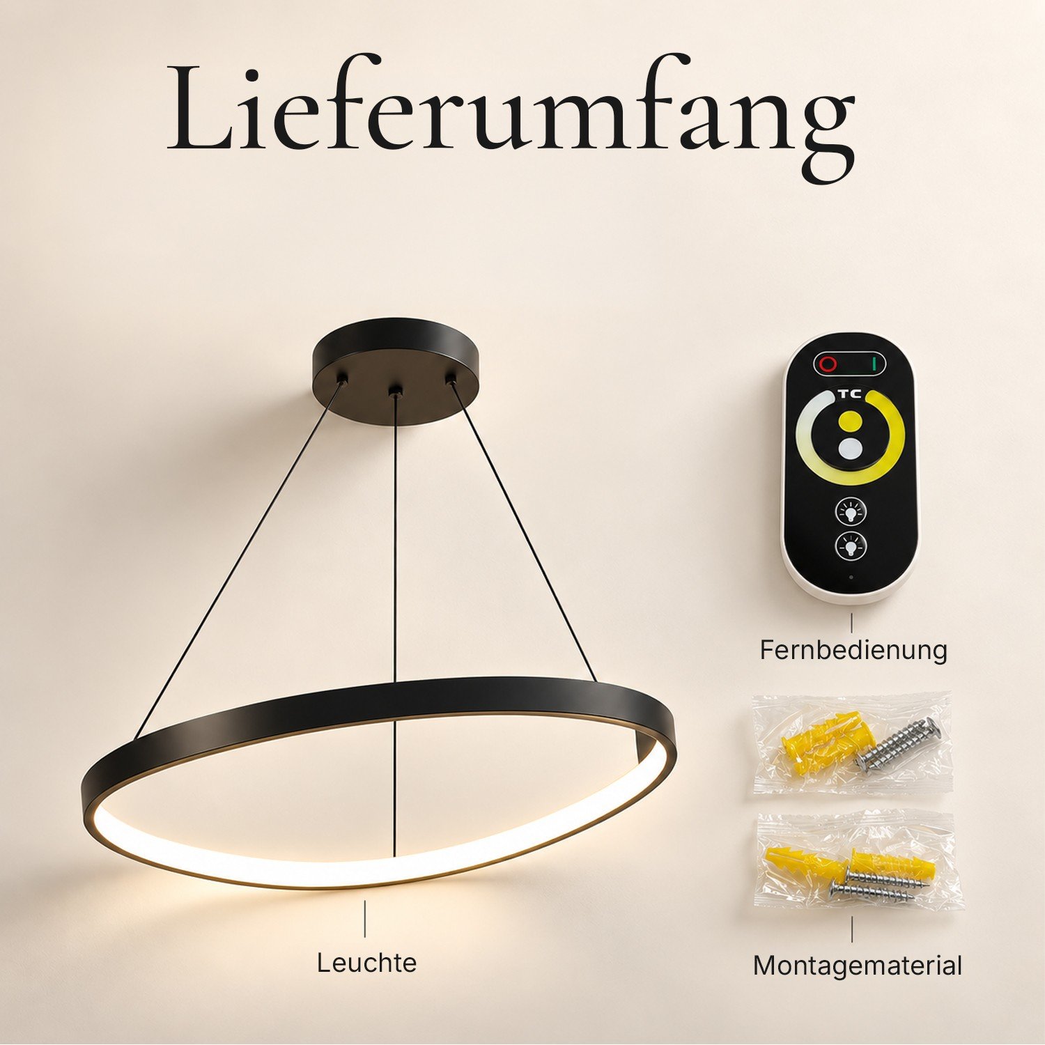 Lieferumfang von ONORIA: Leuchte, Fernbedienung und Montagematerial
