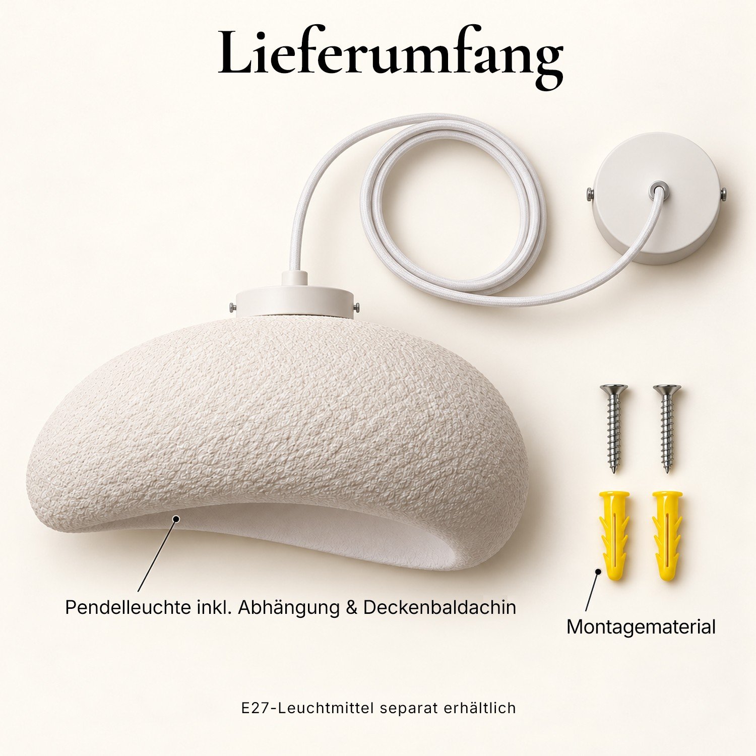 Lieferumfang von STRATUS: Pendelleuchte mit Aufhängung und Deckenbaldachin, Montagematerial