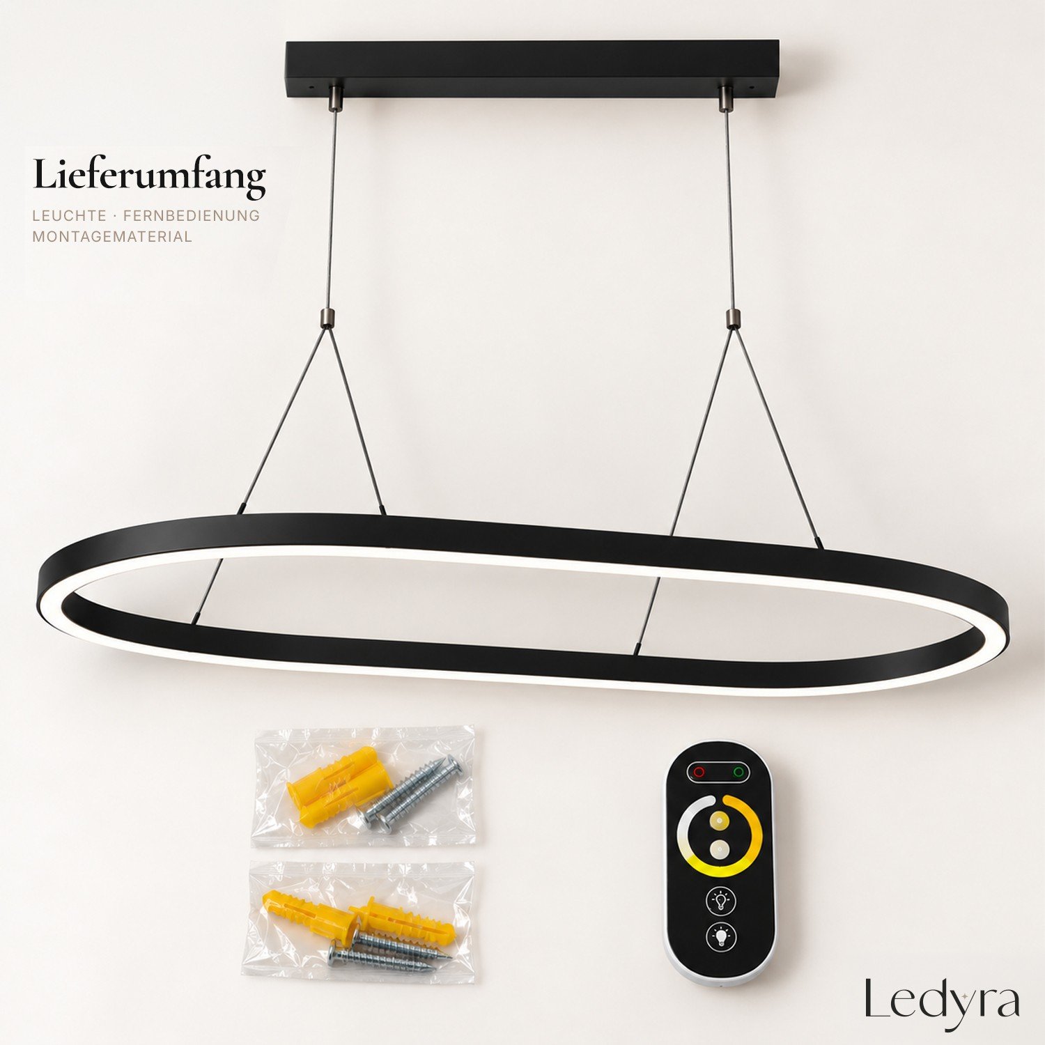 Ledyra Ovalis – LED-Pendelleuchte oval – Schwarz matt – 100 cm – dimmbar, Lichtfarbe einstellbar – Eigenschaften im Überblick