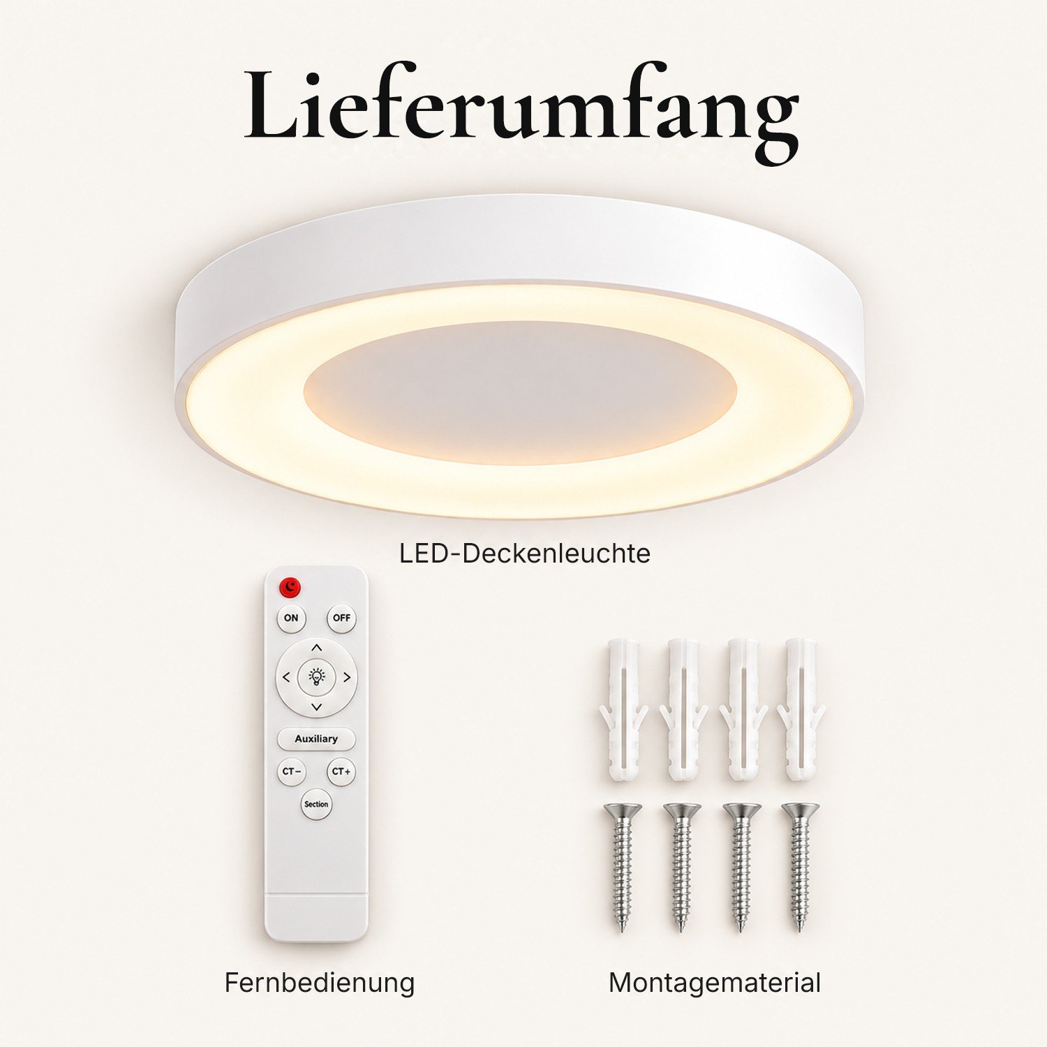 Lieferumfang von SATURN: Leuchte, Fernbedienung und Montagematerial