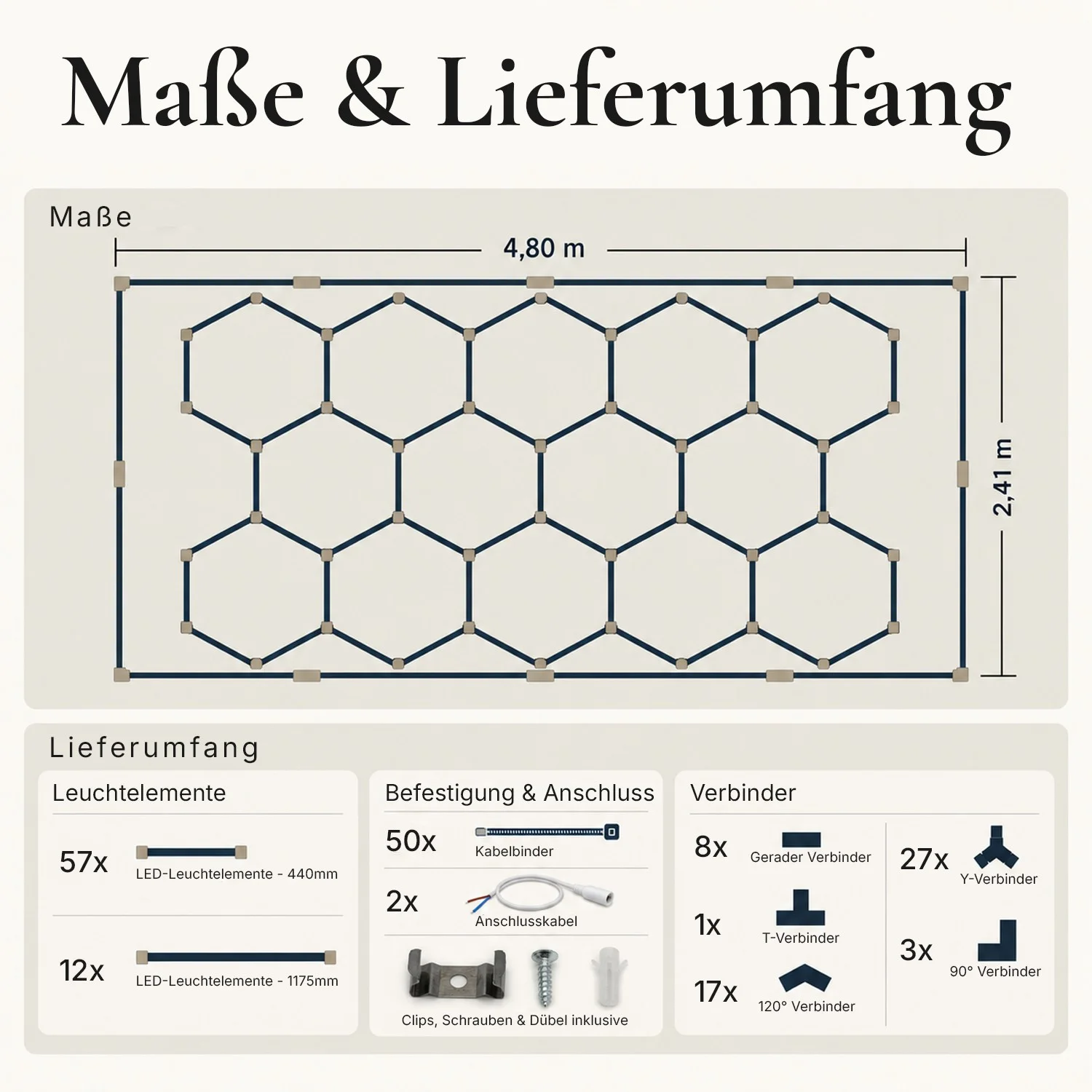 Ledyra Hexagon 14 – LED-Wabenleuchte, Komplett-Set – Kaltweiß – Technische Zeichnung