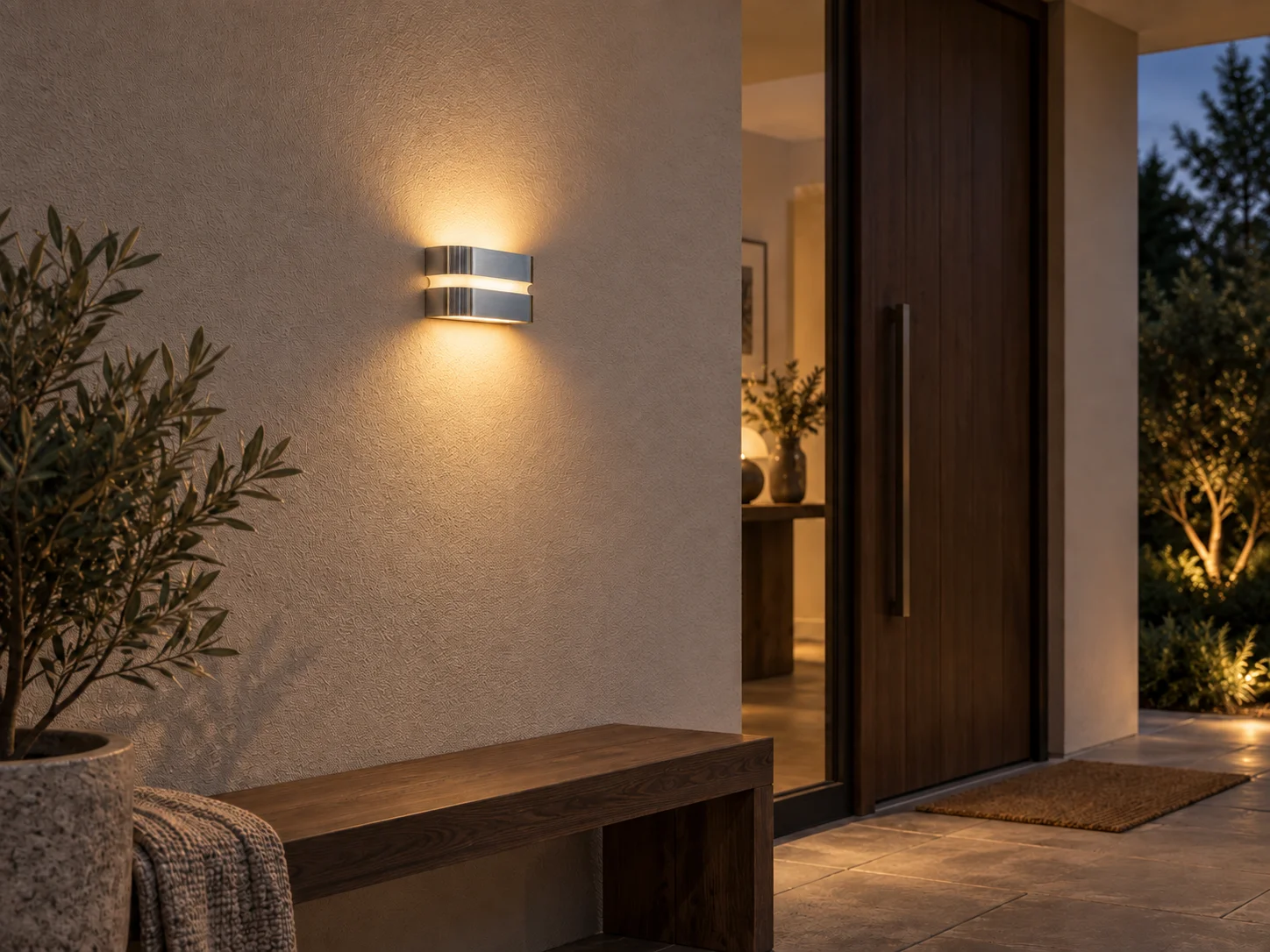 Ledyra LINEA LED-Außenwandleuchte in Silber, warm leuchtend an einer hellen Hauswand neben der Haustür am Abend