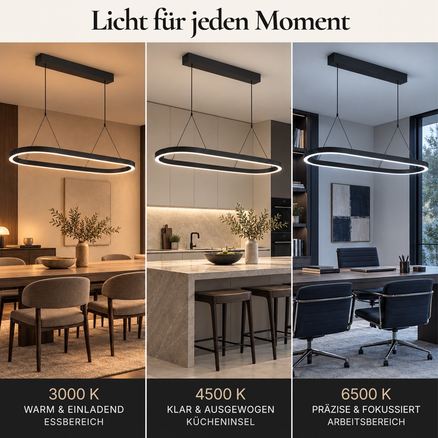Ledyra Ovalis – LED-Pendelleuchte oval – Schwarz matt – 100 cm – dimmbar, Lichtfarbe einstellbar – Eigenschaften im Überblick