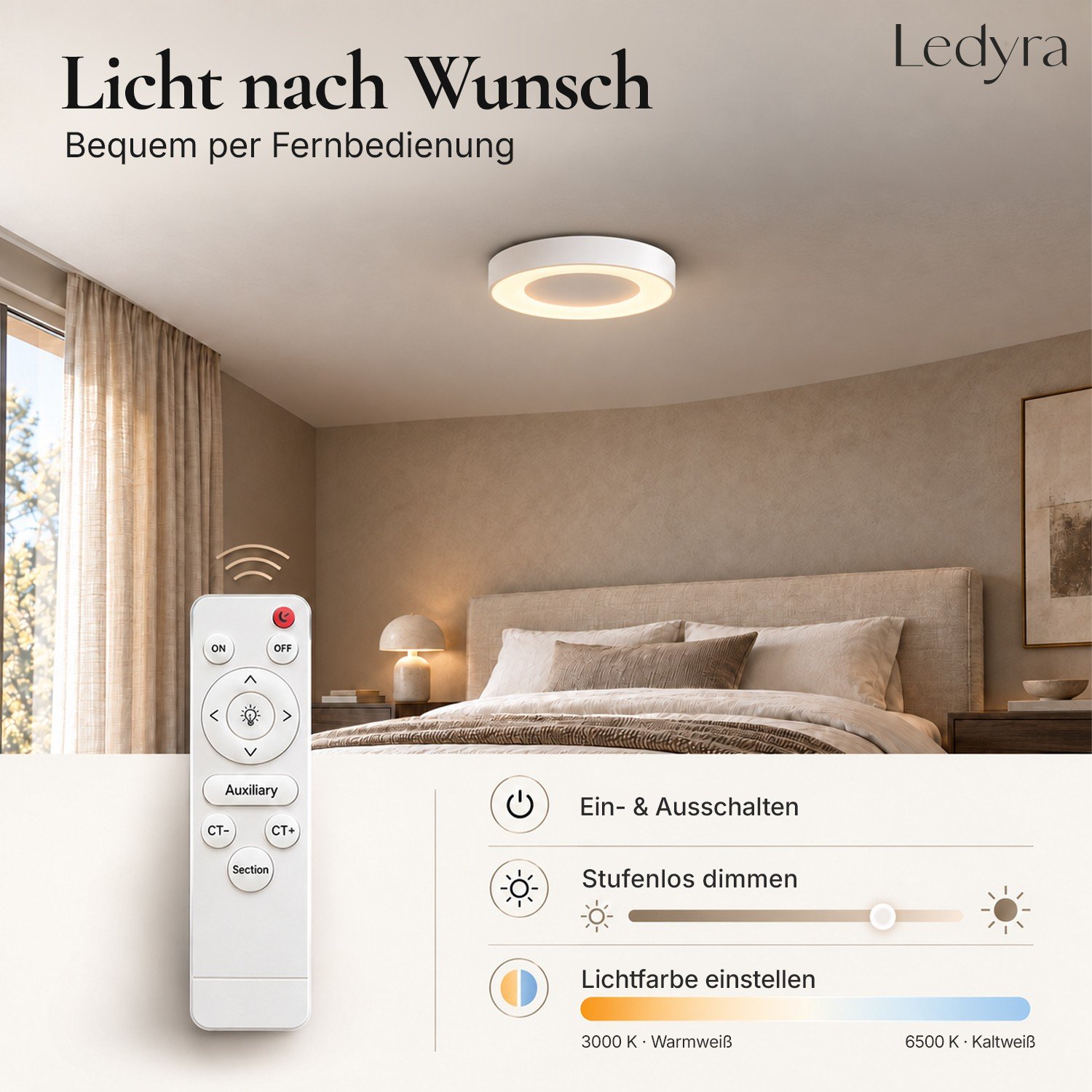 SATURN im Schlafzimmer mit Fernbedienung zum Dimmen und für die Lichtfarbe
