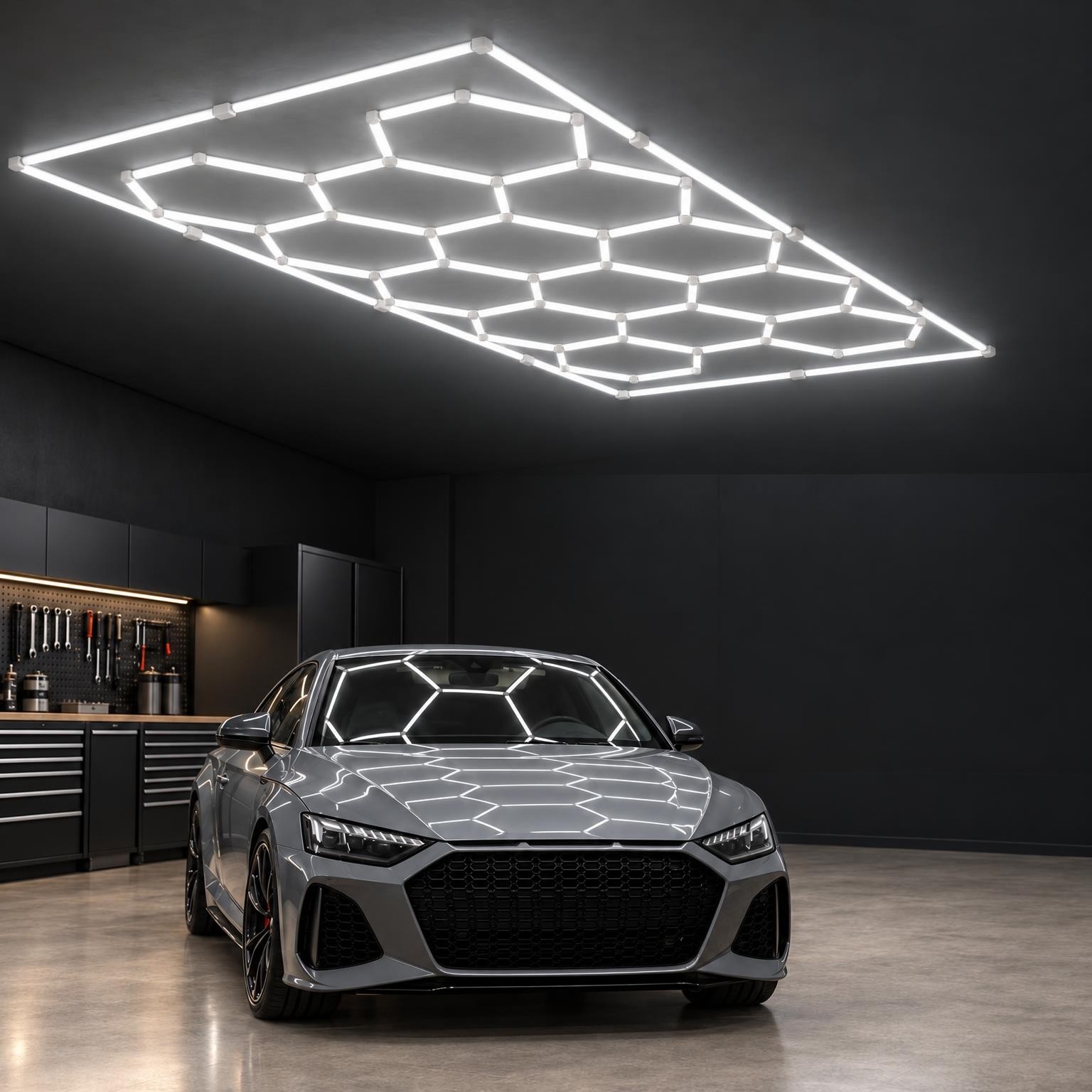 Hexagon LED-Wabenleuchte, Komplett-Set, Kaltweiß 6500 K, IP54, 654 W – Ledyra Hexagon 14
