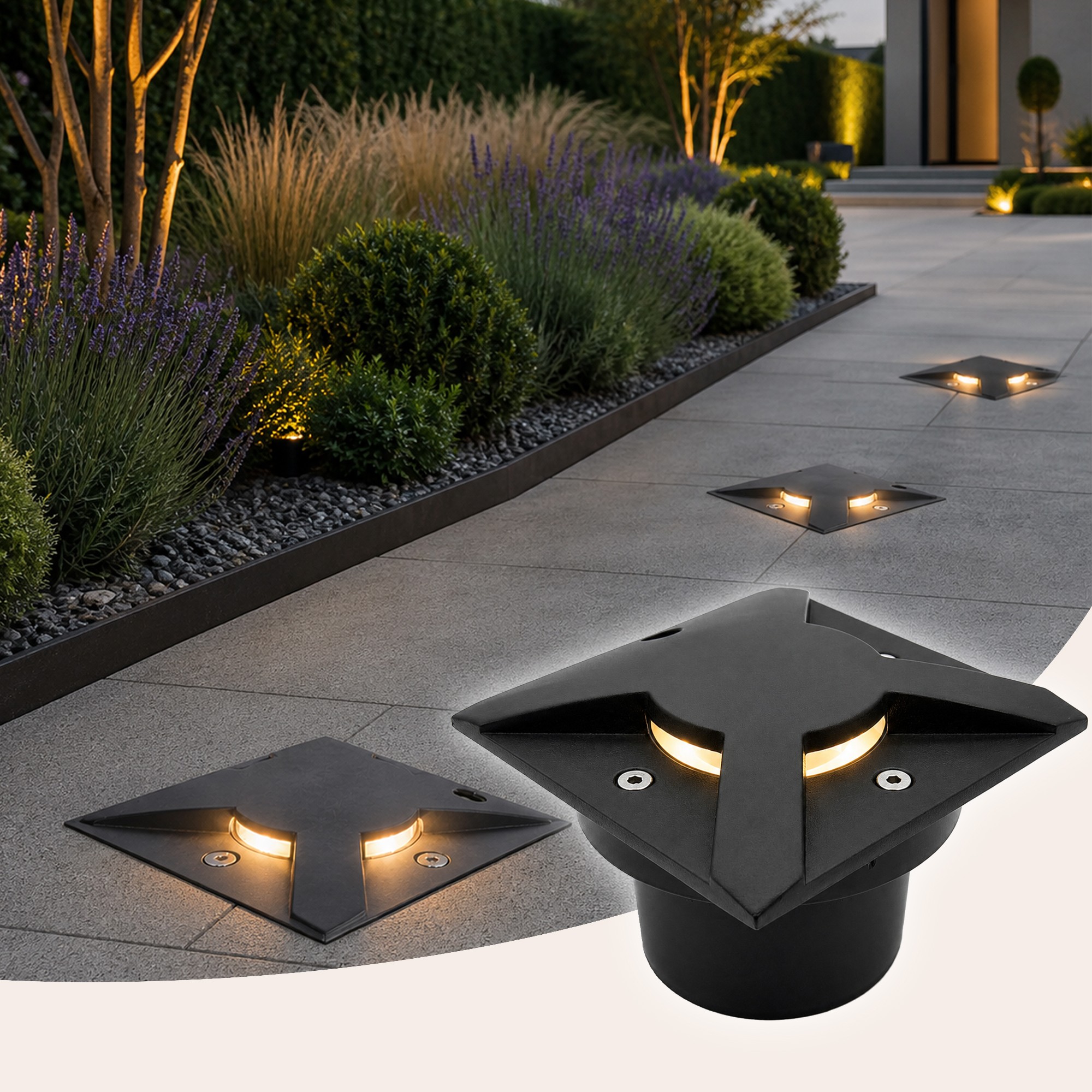 LED-Bodeneinbaustrahler außen, flach, eckig, Schwarz, Lichtfarbe einstellbar, IP67, 230 V, 4,8 W – Ledyra Gaia Trio